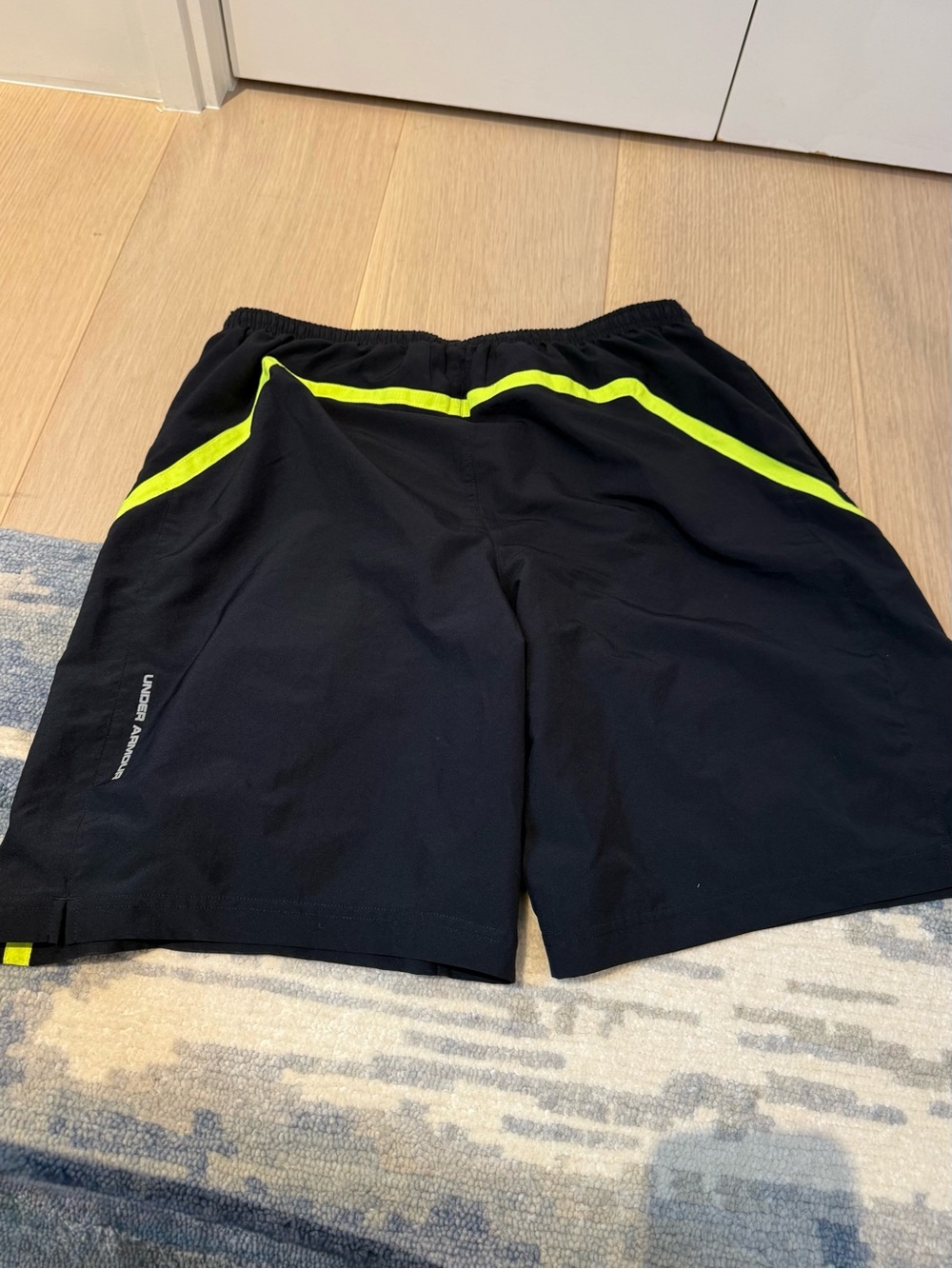 Under Armour Men’s Black Athletic Shorts with Neon Yellow Trim - Picture 2 of 6